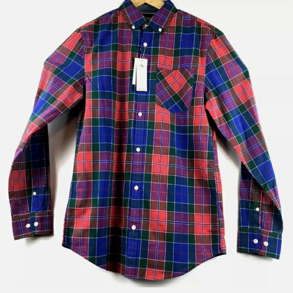 Penguin Plaid Check red blue Bright FALL Vibrant New button Mens shirt Large L